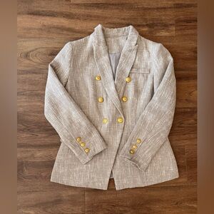 Grey Tweed Double-Breasted Blazer with Gold Buttons